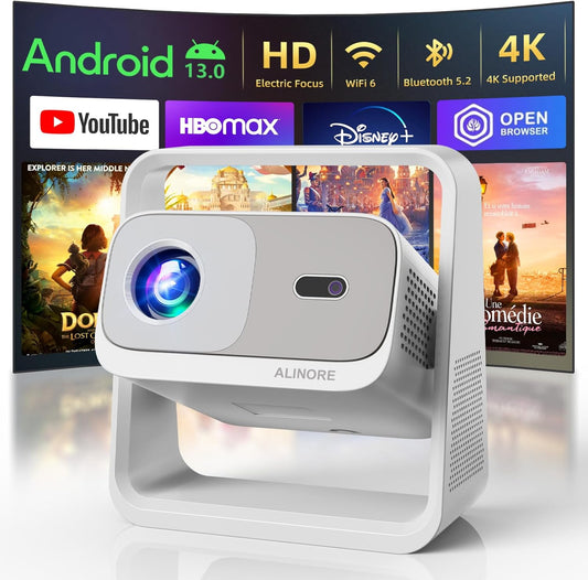 Smart Projector with WiFi and Bluetooth, Built-in Apps, Electric Focus & Auto Keystone Portable Outdoor Projecor, Native 1080P Projector 4K Support, Movie Projector for Home Theater (White)